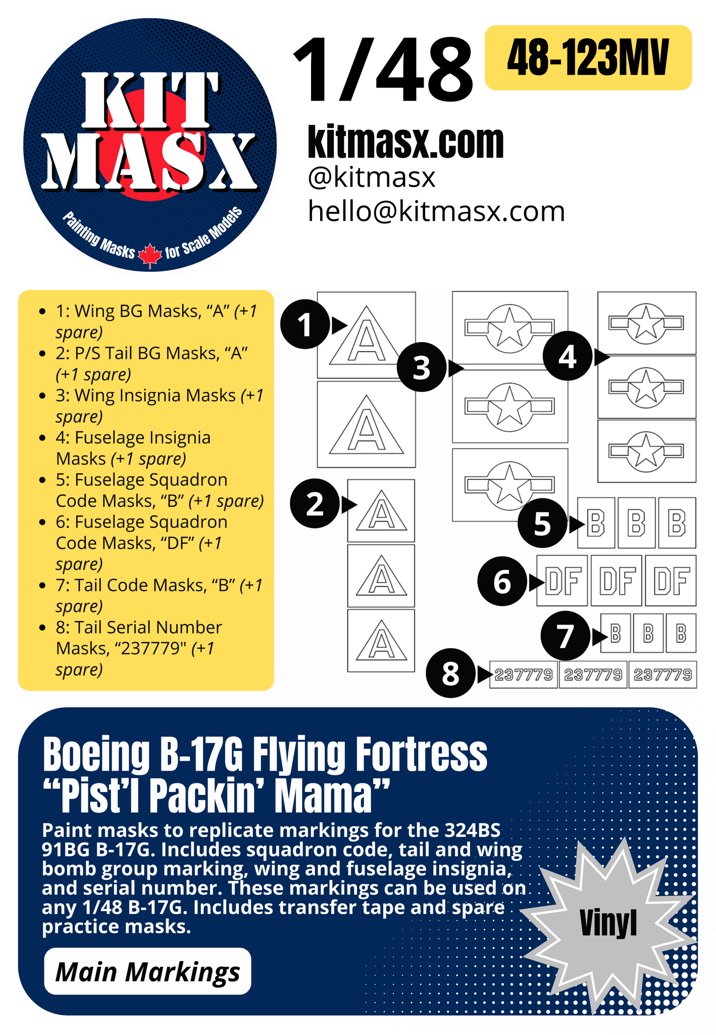 Boeing B-17G Flying Fortress “Pist'l Packin' Mama” 1/48 Main Marking Paint Masks, KW148048