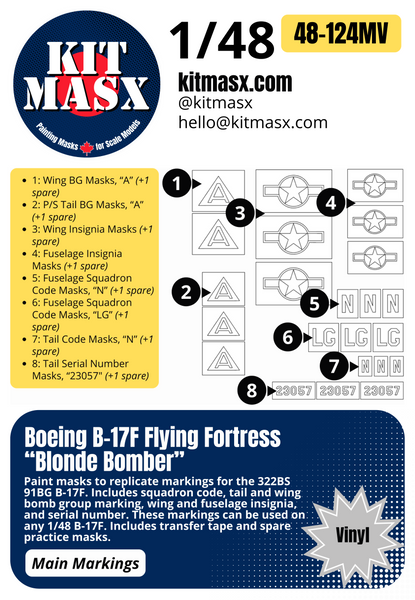 Boeing B-17F Flying Fortress “Blonde Bomber” 1/48 Main Marking Paint Masks, KW148010