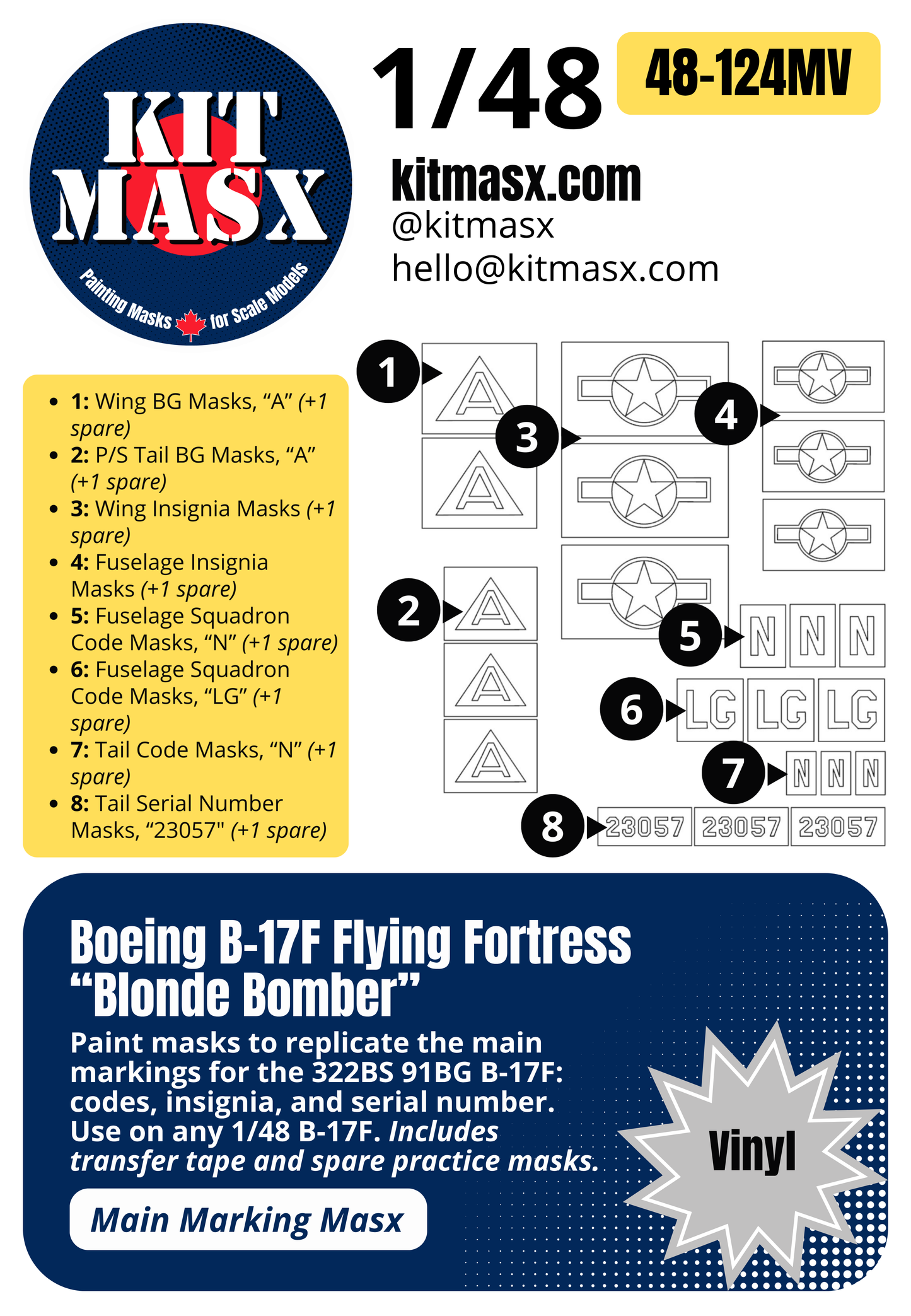 Boeing B-17F Flying Fortress “Blonde Bomber” 1/48 Main Marking Paint Masks