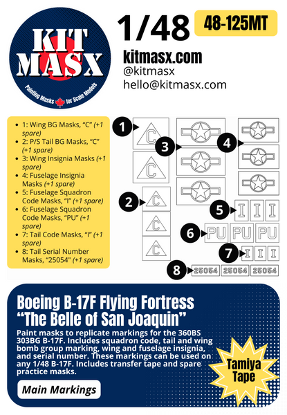 Boeing B-17F Flying Fortress “The Belle of San Joaquin” 1/48 Main Marking Paint Masks, KW148011