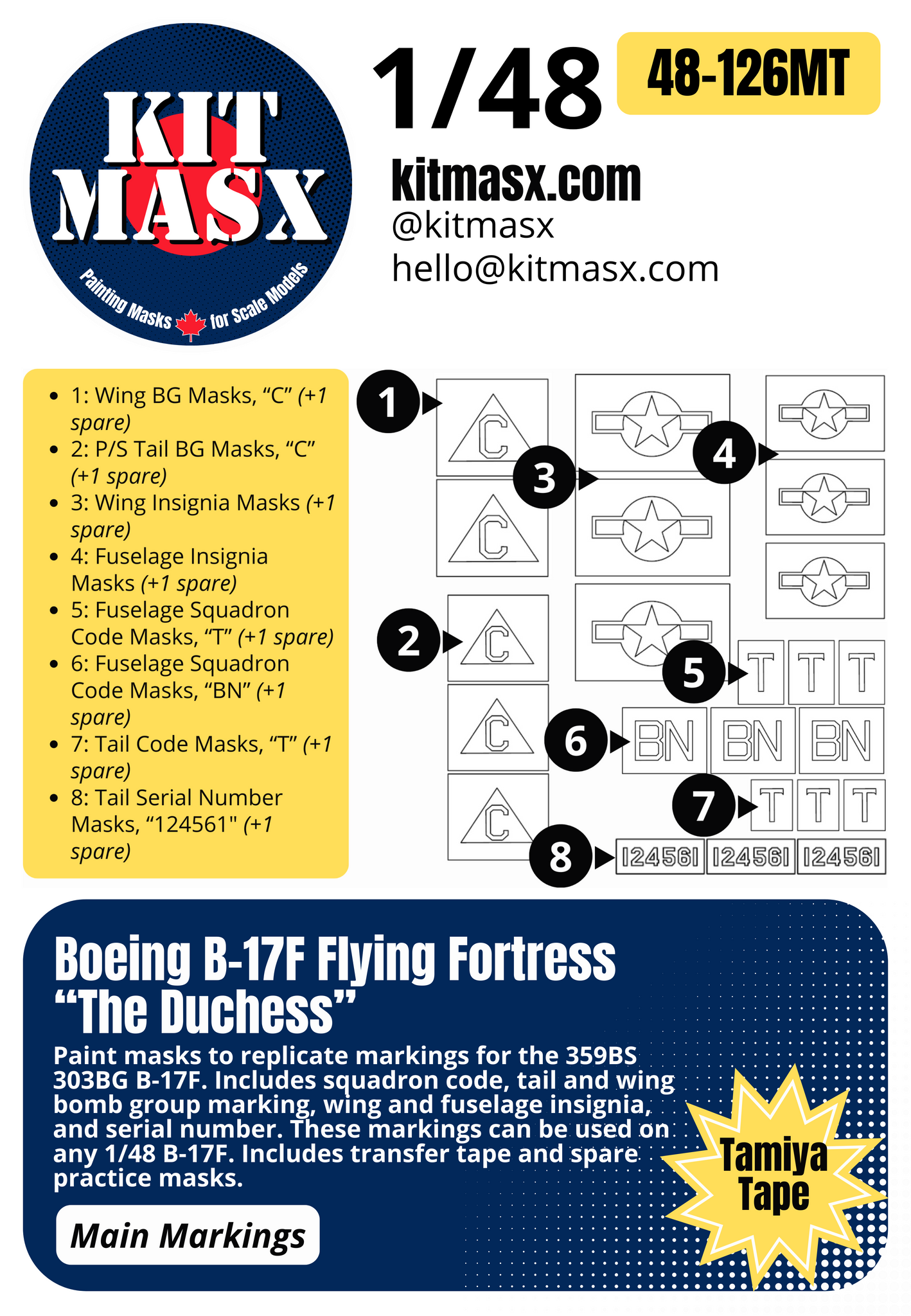 Boeing B-17F Flying Fortress “The Duchess” 1/48 Main Marking Paint Masks, KW148011