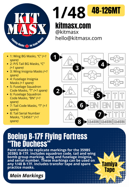 Boeing B-17F Flying Fortress “The Duchess” 1/48 Main Marking Paint Masks