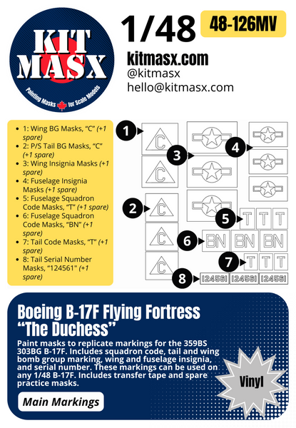 Boeing B-17F Flying Fortress “The Duchess” 1/48 Main Marking Paint Masks