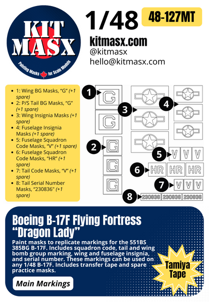 Boeing B-17F Flying Fortress “Dragon Lady” 1/48 Main Marking Paint Masks, KW148131