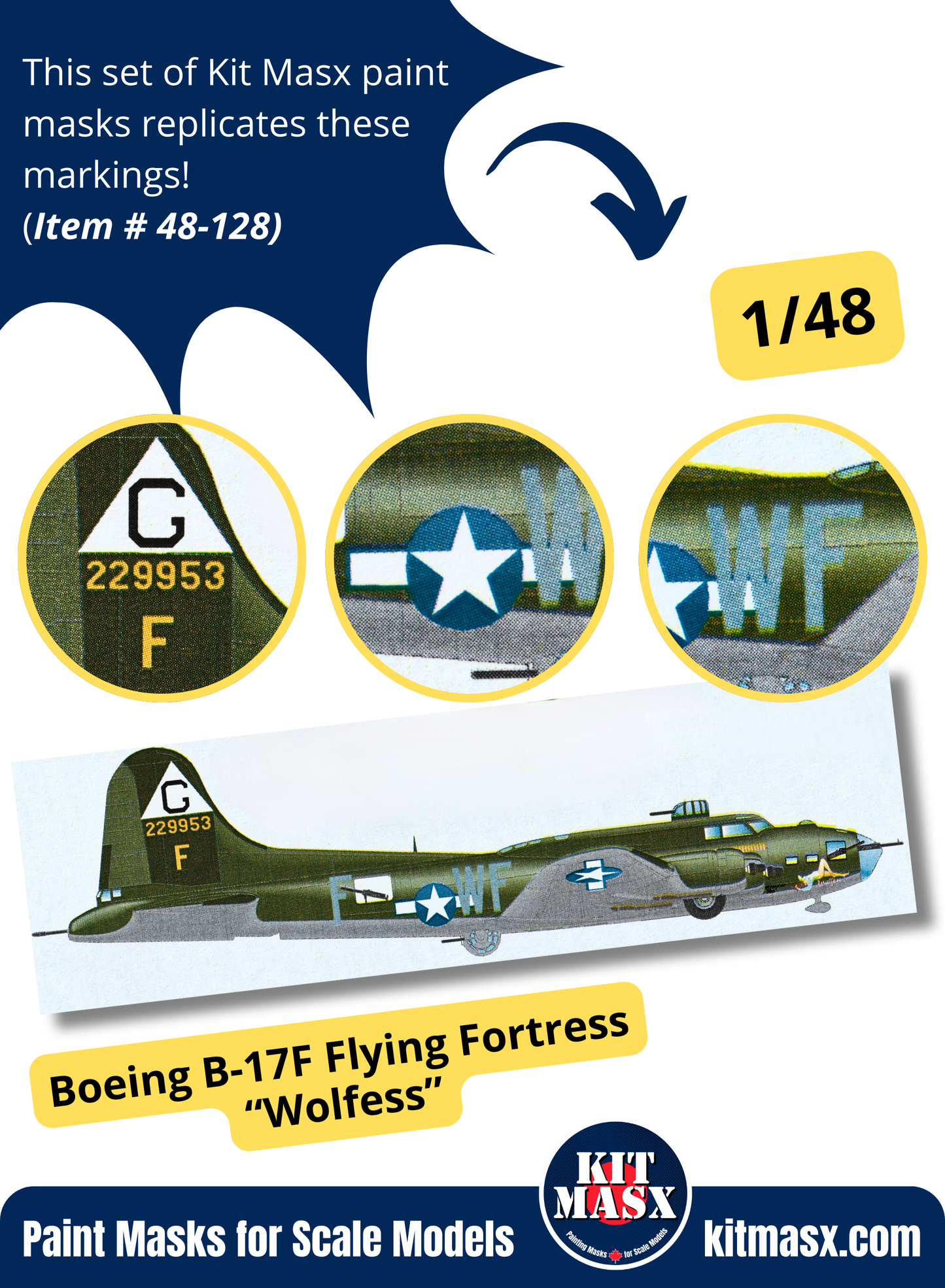 Boeing B-17F Flying Fortress “Wolfess” 1/48 Main Marking Paint Masks, KW148009
