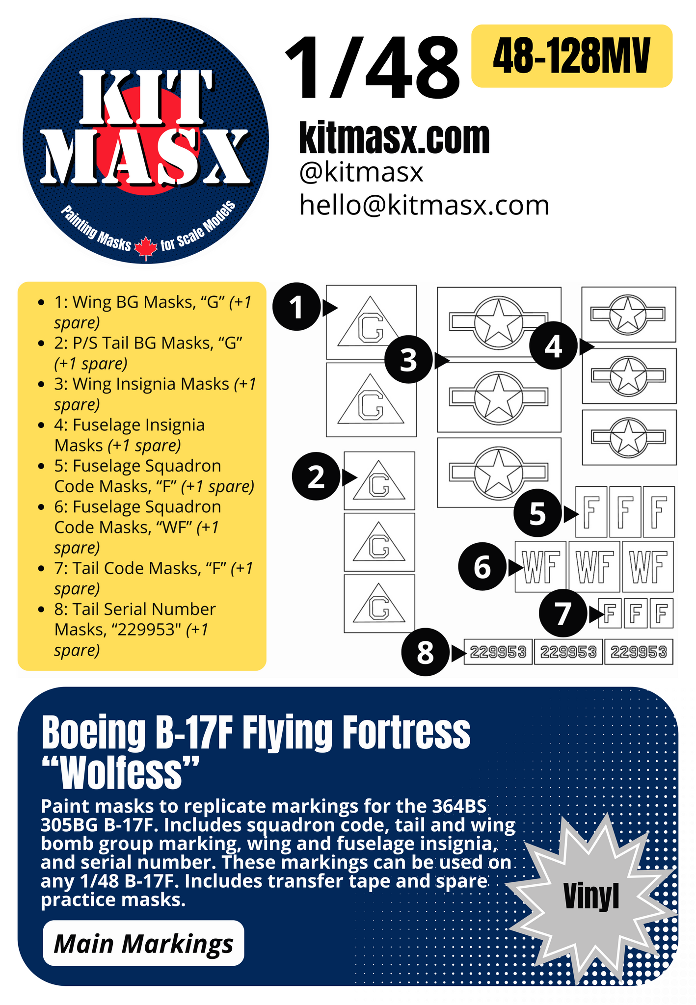 Boeing B-17F Flying Fortress “Wolfess” 1/48 Main Marking Paint Masks