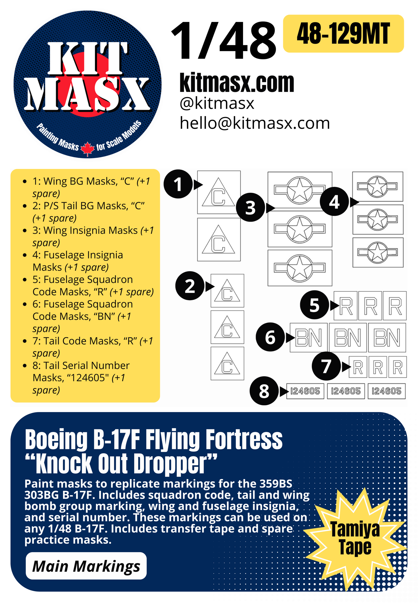 Boeing B-17F Flying Fortress “Knock Out Dropper” 1/48 Main Marking Paint Masks, KW148130