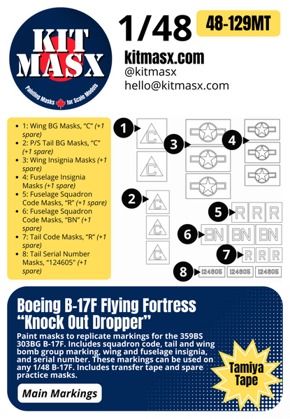 Boeing B-17F Flying Fortress “Knock Out Dropper” 1/48 Main Marking Paint Masks, KW148130