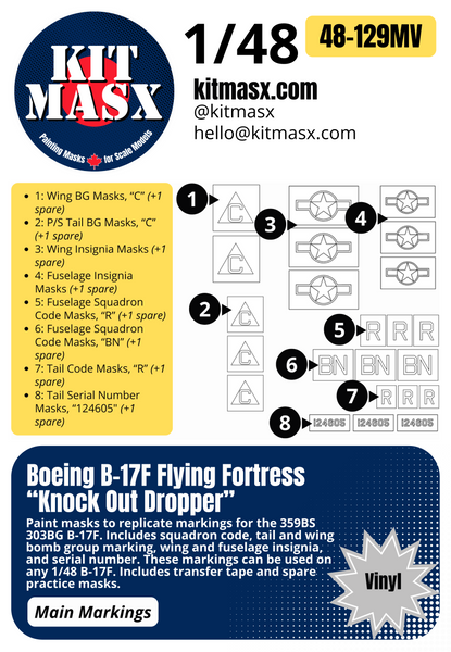 Boeing B-17F Flying Fortress “Knock Out Dropper” 1/48 Main Marking Paint Masks, KW148130