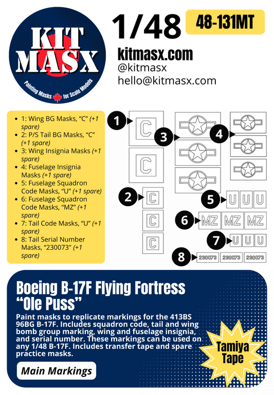Boeing B-17F Flying Fortress “Ole Puss” 1/48 Main Marking Paint Masks