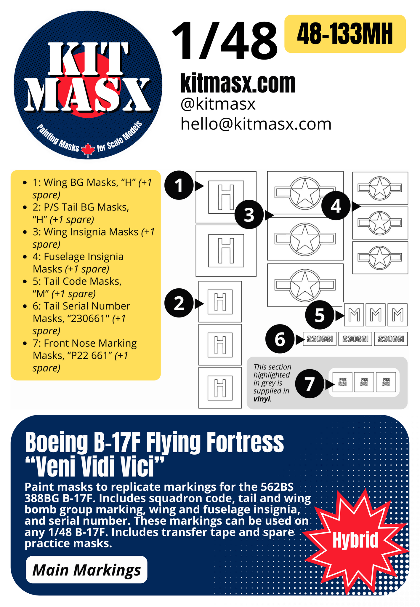 Boeing B-17F Flying Fortress “Veni Vidi Vici” 1/48 Main Marking Paint Masks, PS 48-173