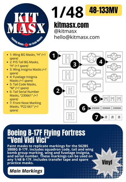 Boeing B-17F Flying Fortress “Veni Vidi Vici” 1/48 Main Marking Paint Masks, PS 48-173