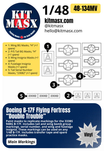 Boeing B-17F Flying Fortress “Double Trouble” 1/48 Main Marking Paint Masks, KW148130