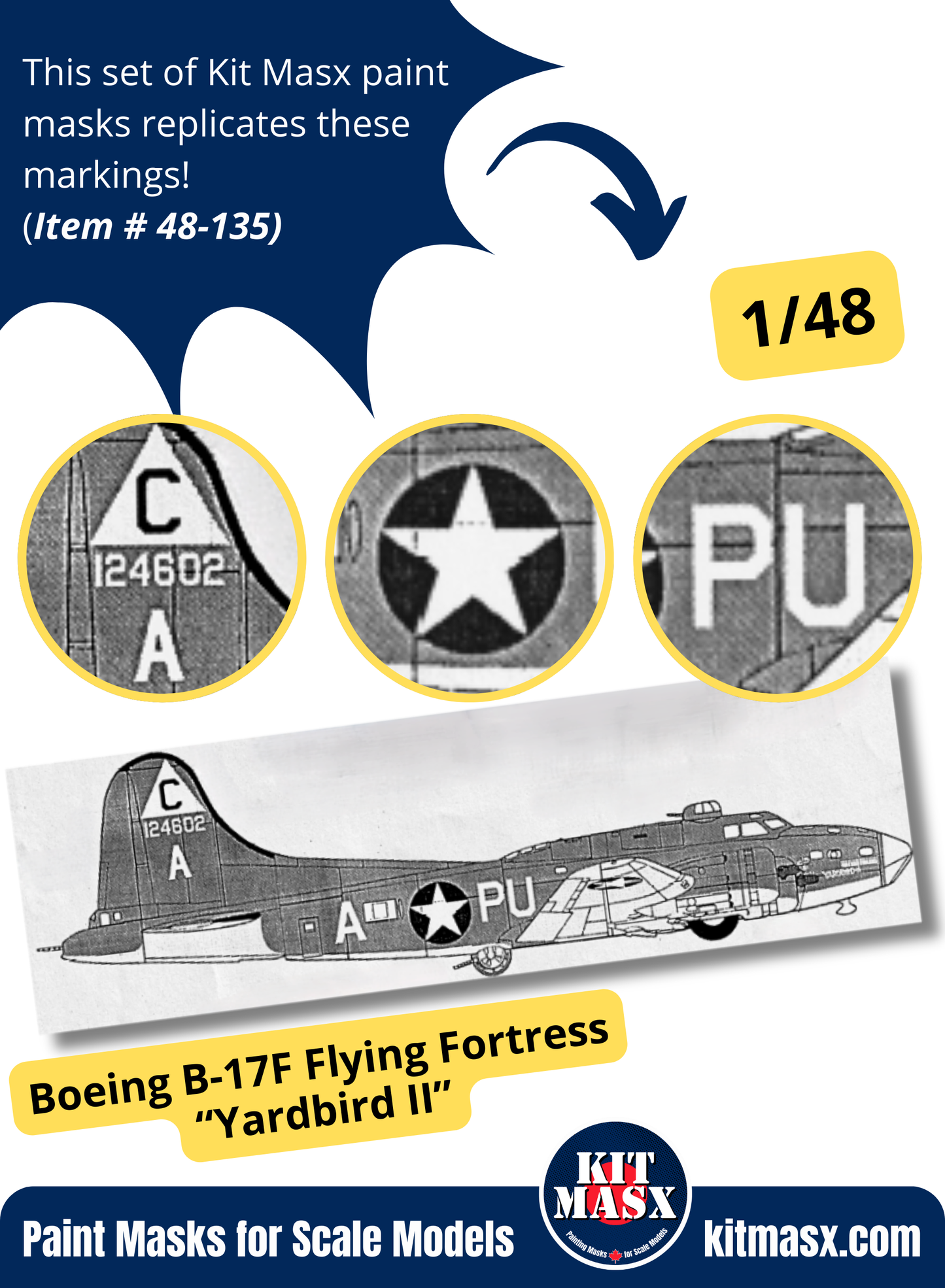 Boeing B-17F Flying Fortress “Yardbird II” 1/48 Main Marking Paint Masks, SSI 48-524