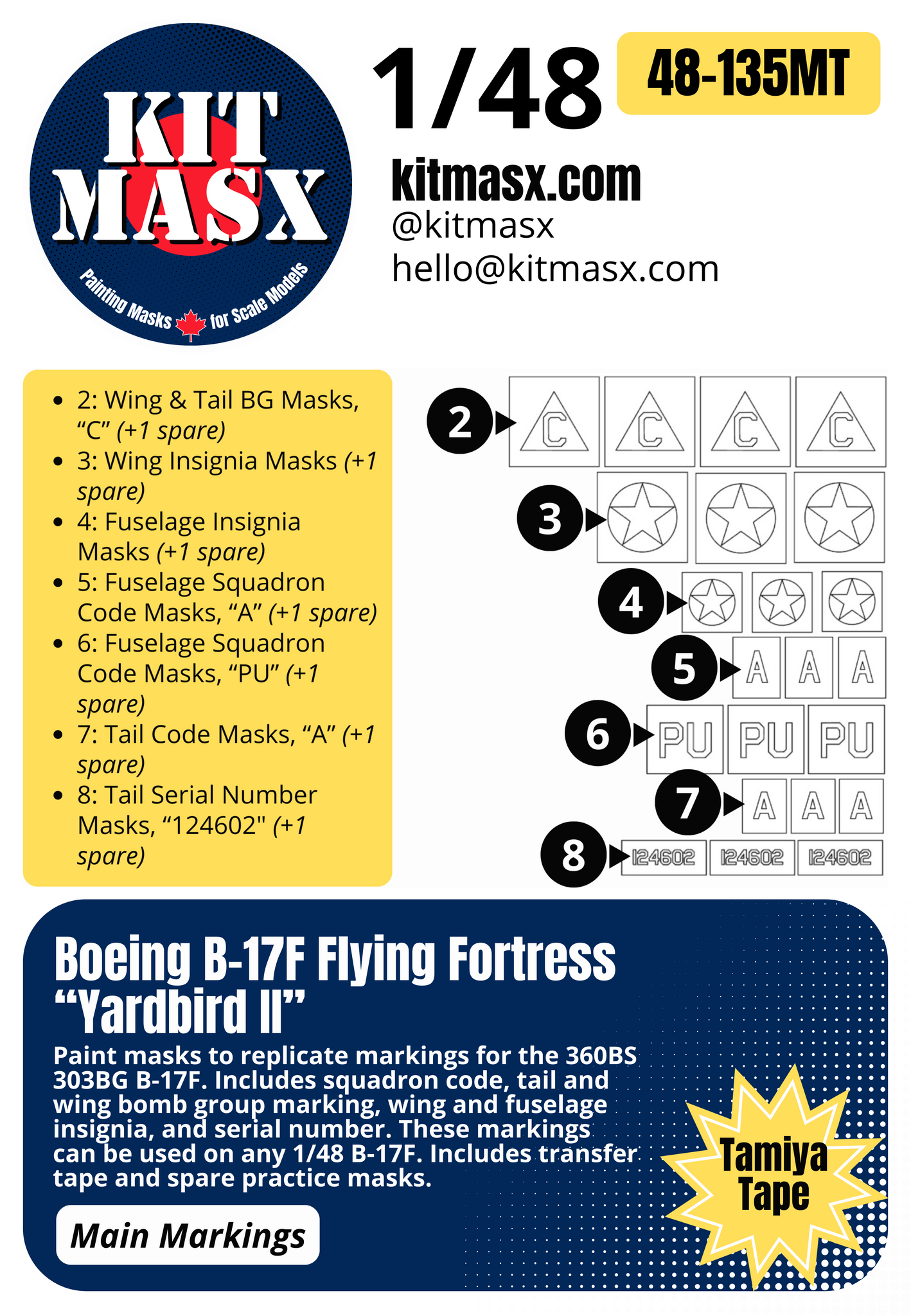 Boeing B-17F Flying Fortress “Yardbird II” 1/48 Main Marking Paint Masks, SSI 48-524