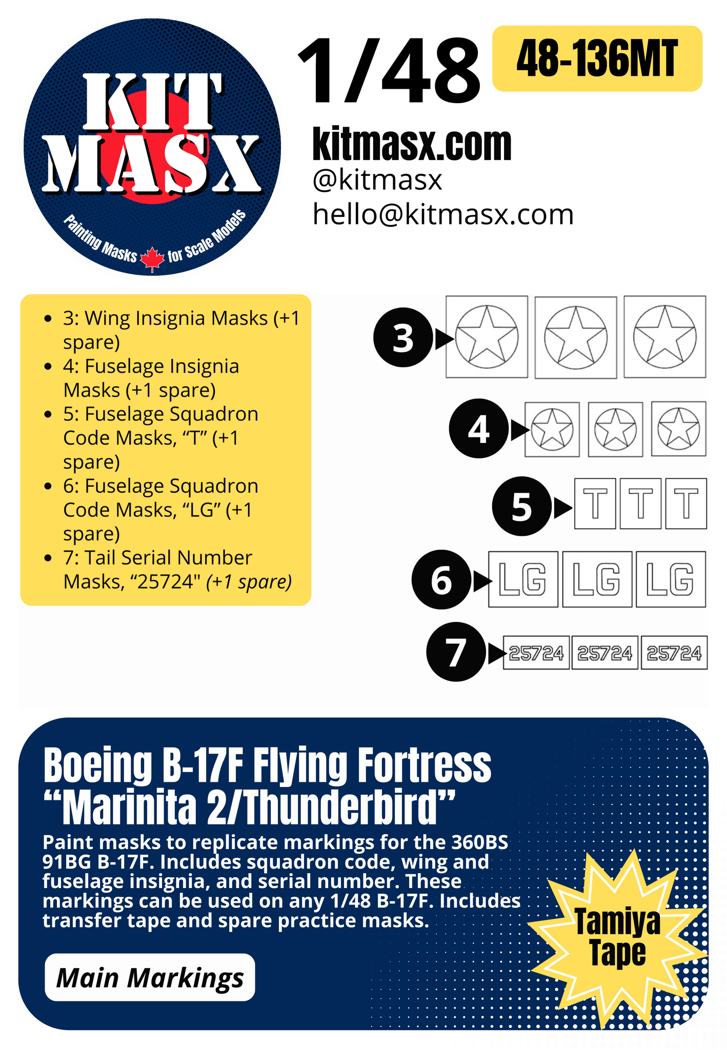 Boeing B-17F Flying Fortress “Marinita 2/Thunderbird” 1/48 Main Marking Paint Masks, SSI 48-524