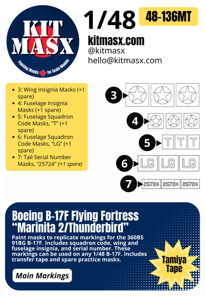 Boeing B-17F Flying Fortress “Marinita 2/Thunderbird” 1/48 Main Marking Paint Masks