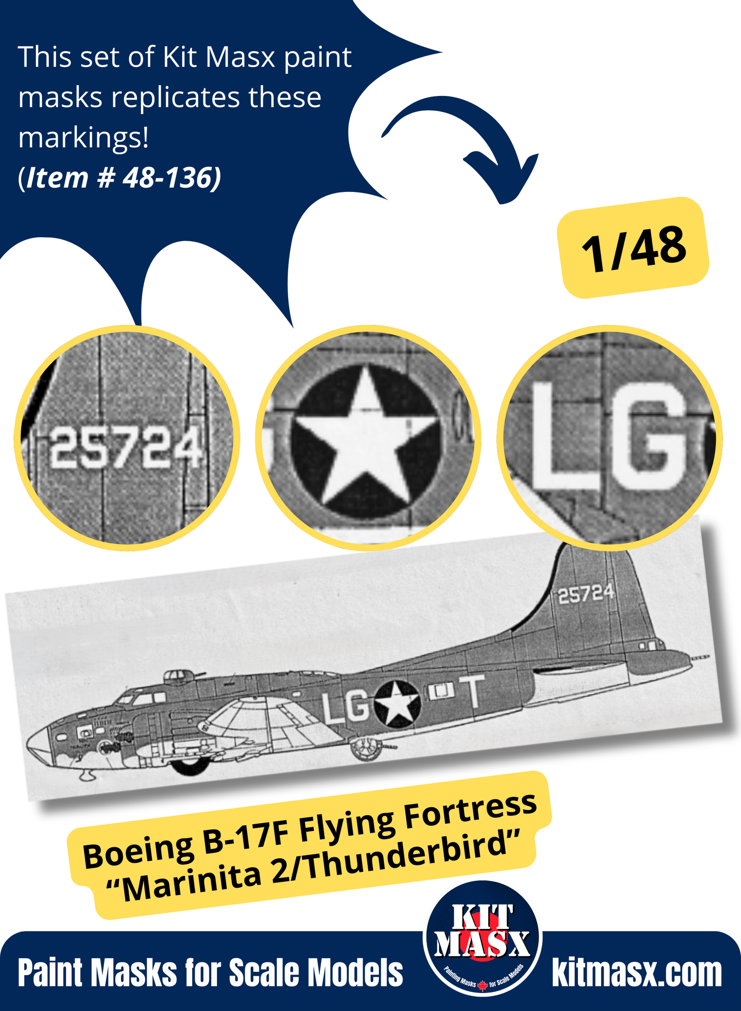 Boeing B-17F Flying Fortress “Marinita 2/Thunderbird” 1/48 Main Marking Paint Masks, SSI 48-524