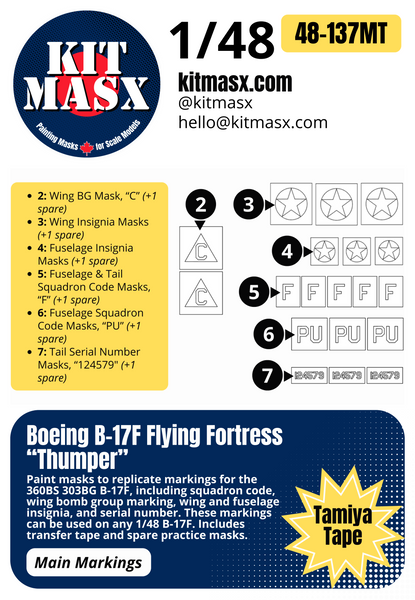 Boeing B-17F Flying Fortress “Thumper” 1/48 Main Marking Paint Masks, SSI # 48-524