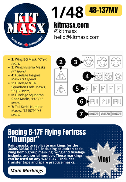 Boeing B-17F Flying Fortress “Thumper” 1/48 Main Marking Paint Masks, SSI # 48-524