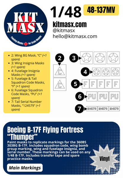 Boeing B-17F Flying Fortress “Thumper” 1/48 Main Marking Paint Masks