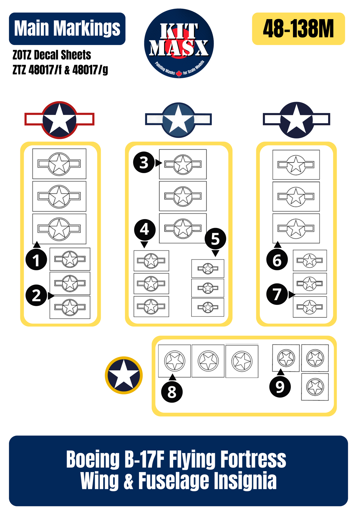 Boeing B-17F Flying Fortress Wing & Fuselage Insignia 1/48 National Insignia Paint Masks, ZTZ 48017/f/g