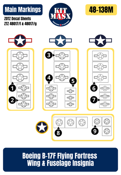 Boeing B-17F Flying Fortress Wing & Fuselage Insignia 1/48 National Insignia Paint Masks, ZTZ 48017/f/g