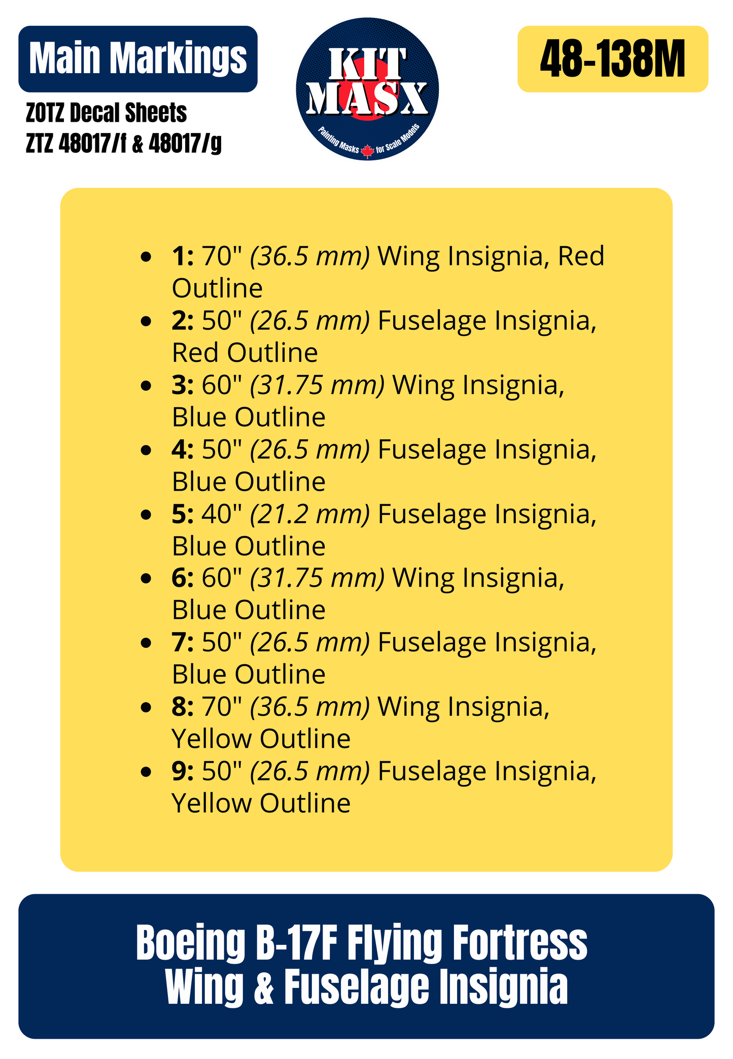 Boeing B-17F Flying Fortress Wing & Fuselage Insignia 1/48 National Insignia Paint Masks, ZTZ 48017/f/g
