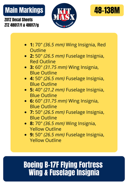 Boeing B-17F Flying Fortress Wing & Fuselage Insignia 1/48 National Insignia Paint Masks, ZTZ 48017/f/g