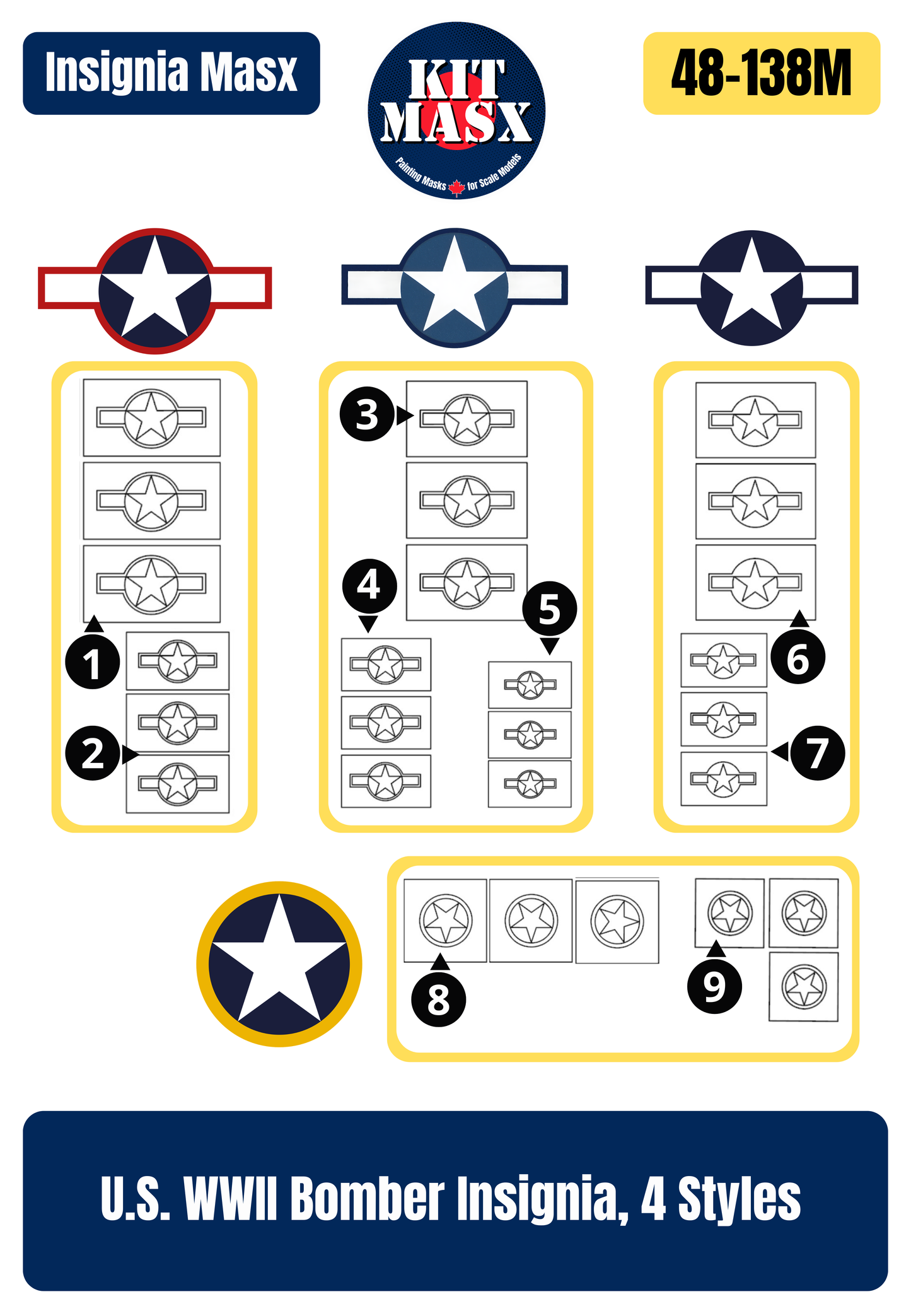 U.S. WWII Bomber Insignia, 4 Styles 1/48 National Insignia Paint Masks