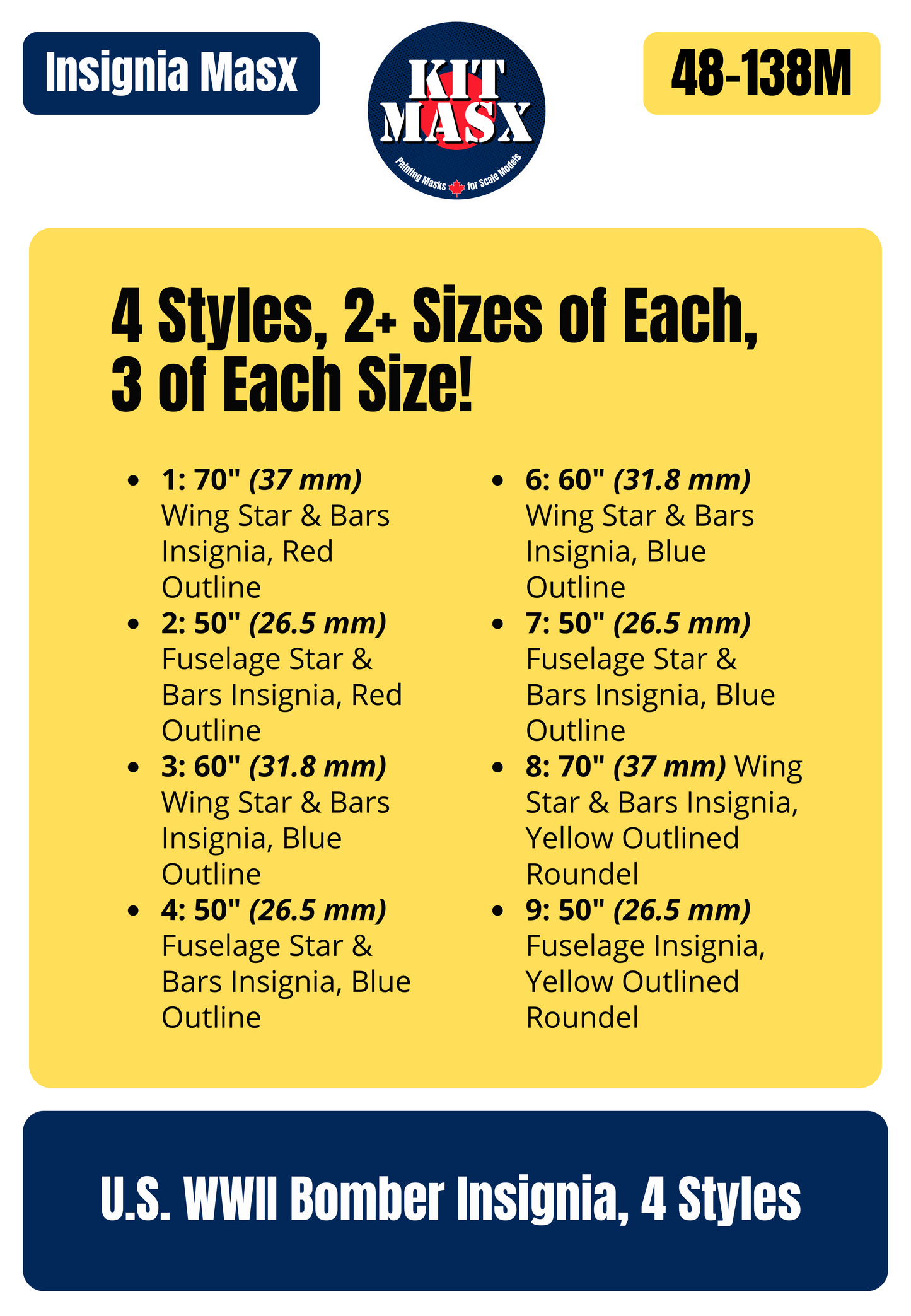 U.S. WWII Bomber Insignia, 4 Styles 1/48 National Insignia Paint Masks