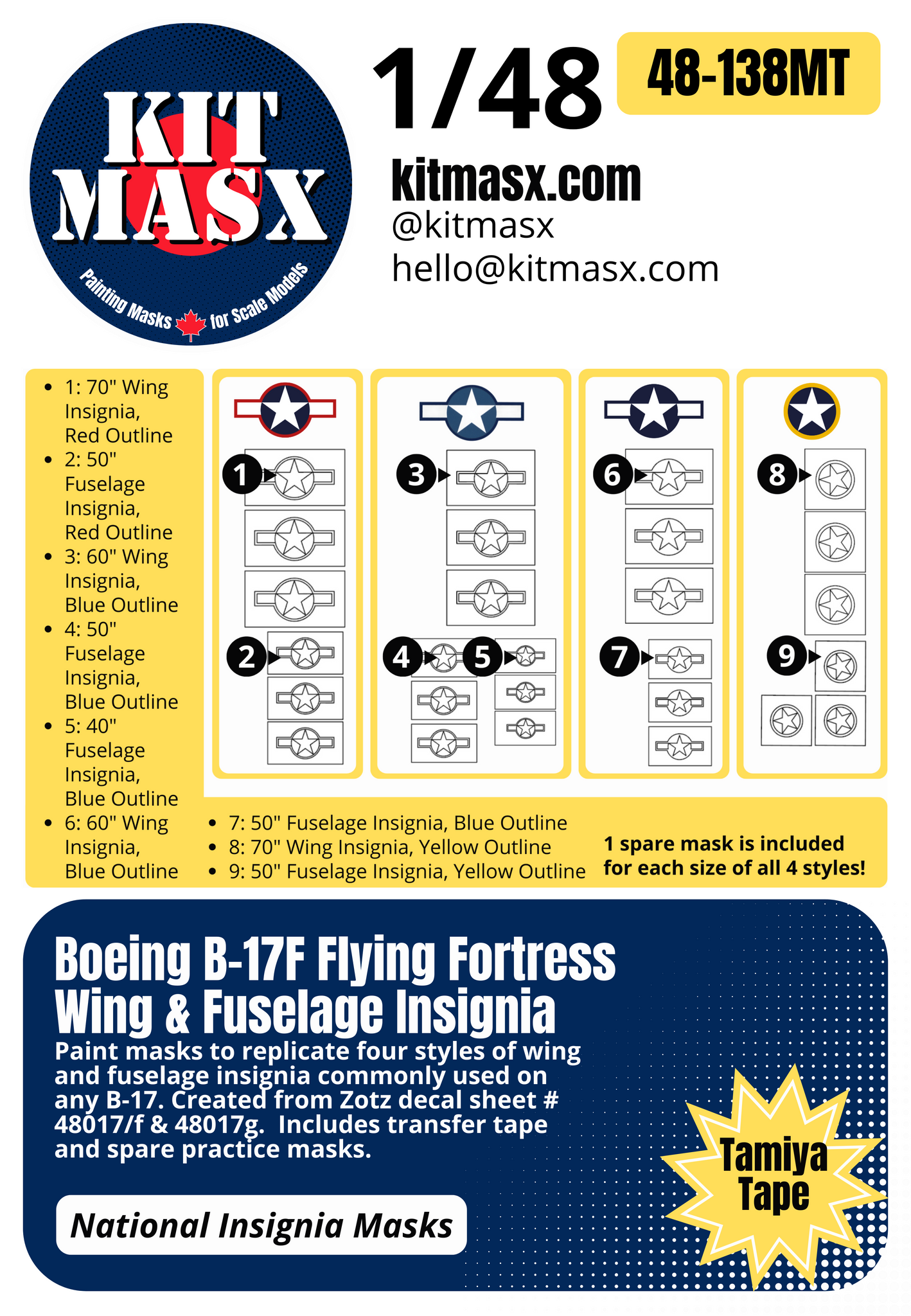 Boeing B-17F Flying Fortress Wing & Fuselage Insignia 1/48 National Insignia Paint Masks, ZTZ 48017/f/g