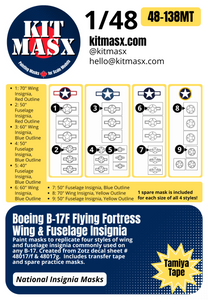 Boeing B-17F Flying Fortress Wing & Fuselage Insignia 1/48 National Insignia Paint Masks, ZTZ 48017/f/g