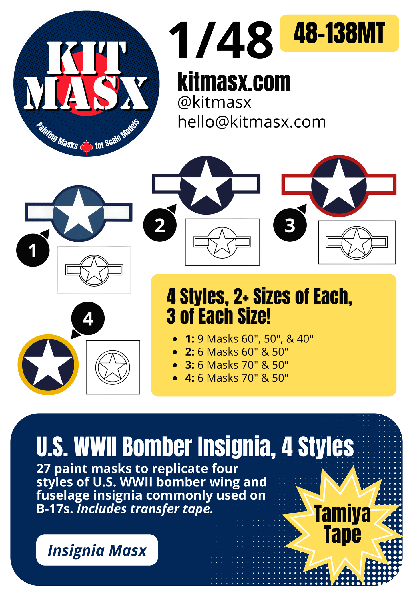 U.S. WWII Bomber Insignia, 4 Styles 1/48 National Insignia Paint Masks