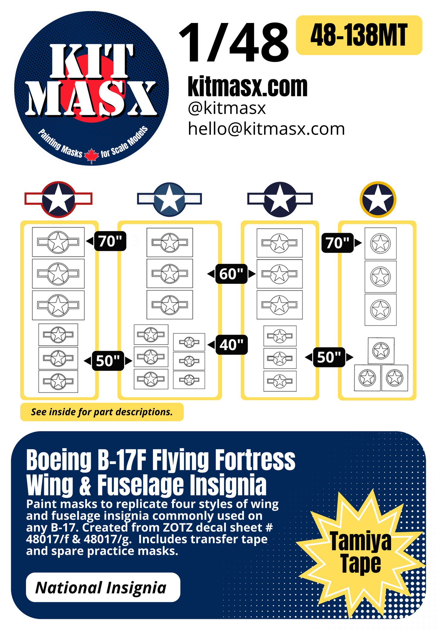 Boeing B-17F Flying Fortress Wing & Fuselage Insignia 1/48 National Insignia Paint Masks, ZTZ 48017/f/g