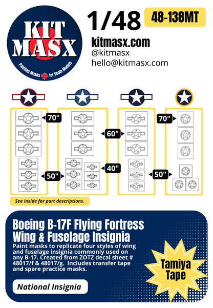 Boeing B-17F Flying Fortress Wing & Fuselage Insignia 1/48 National Insignia Paint Masks, ZTZ 48017/f/g