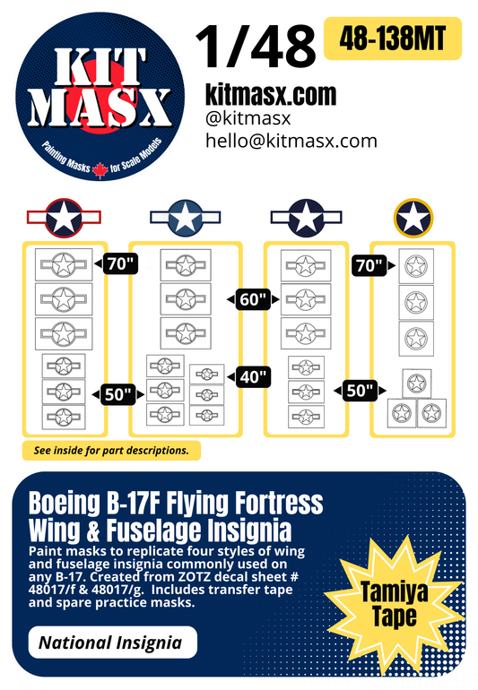 Boeing B-17F Flying Fortress Wing & Fuselage Insignia 1/48 National Insignia Paint Masks, ZTZ 48017/f/g