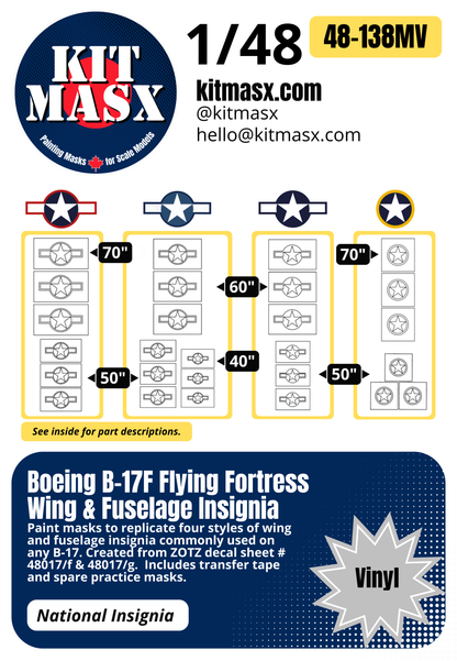 Boeing B-17F Flying Fortress Wing & Fuselage Insignia 1/48 National Insignia Paint Masks, ZTZ 48017/f/g