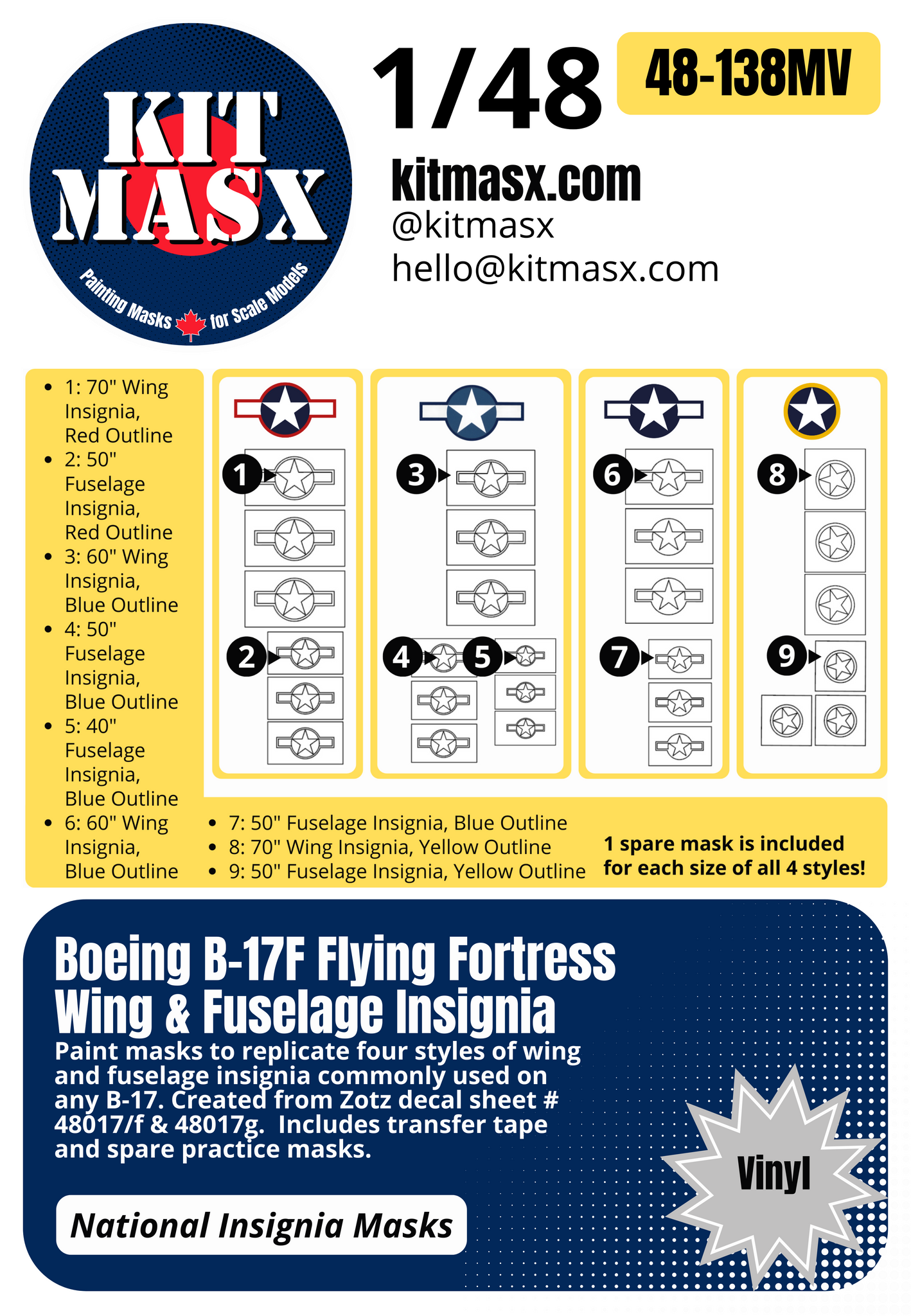 Boeing B-17F Flying Fortress Wing & Fuselage Insignia 1/48 National Insignia Paint Masks