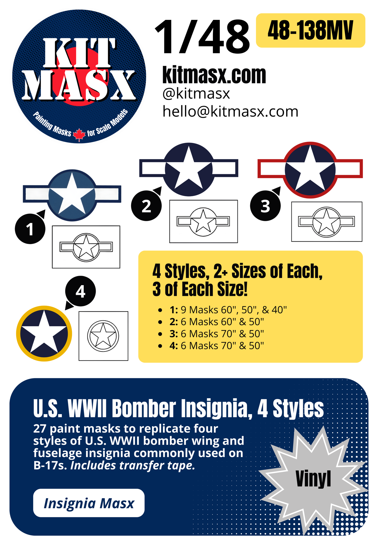 U.S. WWII Bomber Insignia, 4 Styles 1/48 National Insignia Paint Masks