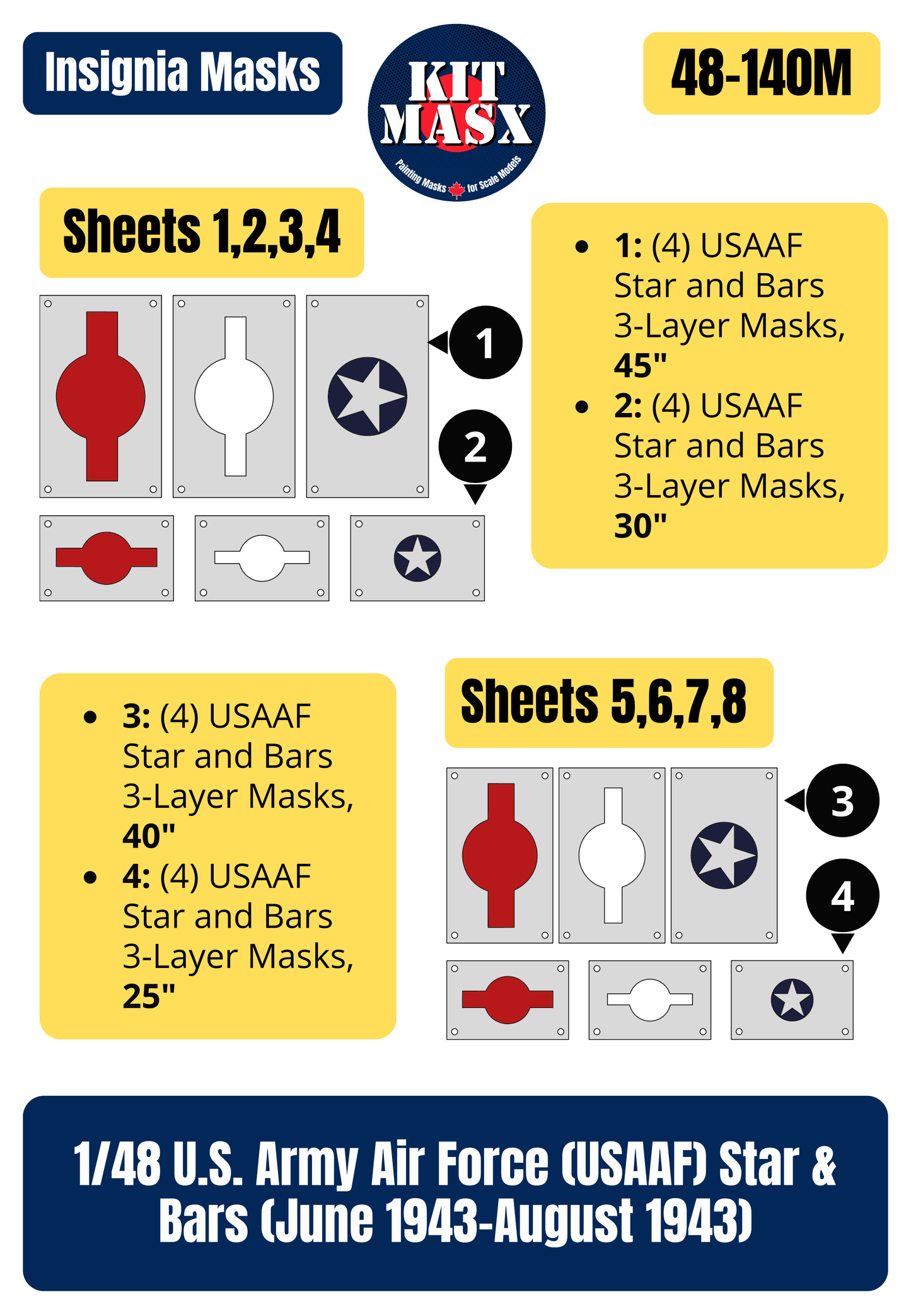 U.S. Army Air Force (USAAF) Star and Bars w/ Red Outline (June 1943-August 1943) 1/48 National Insignia Paint Masks