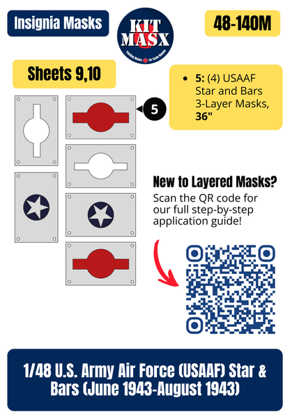 U.S. Army Air Force (USAAF) Star and Bars w/ Red Outline (June 1943-August 1943) 1/48 National Insignia Paint Masks