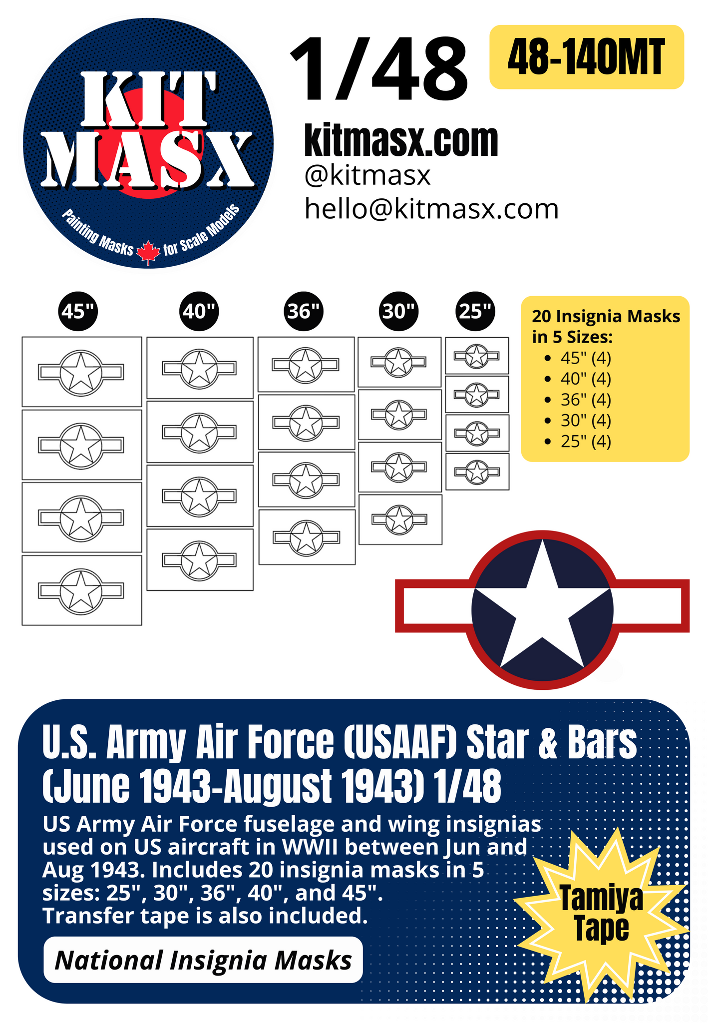 U.S. Army Air Force (USAAF) Star and Bars (June 1943-August 1943) 1/48 National Insignia Paint Masks