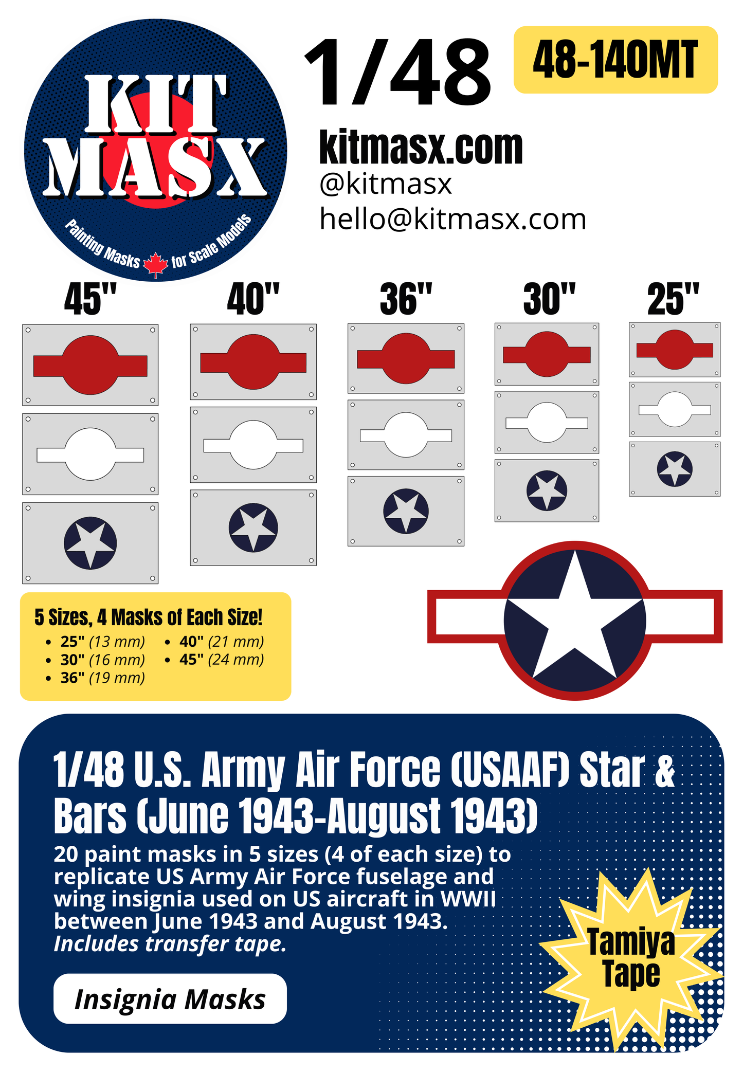 U.S. Army Air Force (USAAF) Star and Bars w/ Red Outline (June 1943-August 1943) 1/48 National Insignia Paint Masks