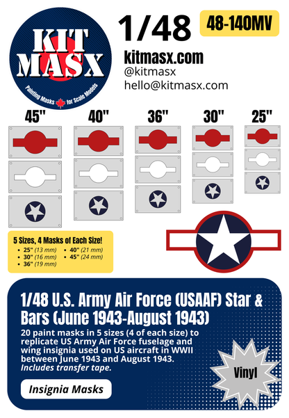 U.S. Army Air Force (USAAF) Star and Bars w/ Red Outline (June 1943-August 1943) 1/48 National Insignia Paint Masks
