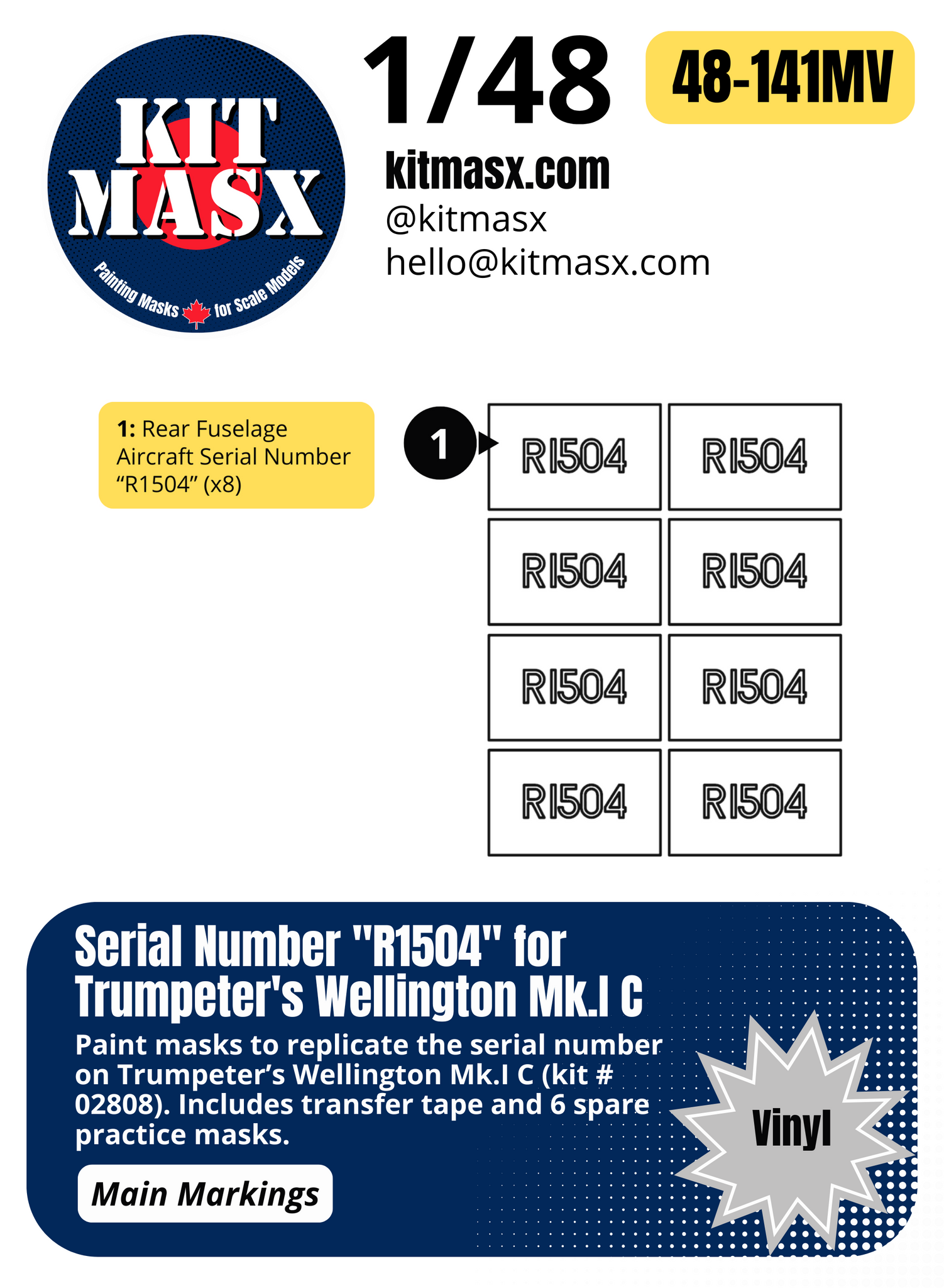 Trumpeter Wellington Mk.I C S/N "R1504" 1/48 Main Marking Paint Masks, Kit # 02808