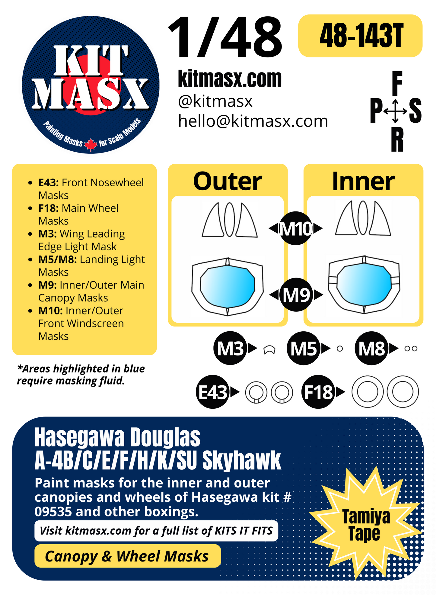 Hasegawa Douglas A-4B/C/E/F/H/K/SU Skyhawk 1/48 Canopy & Wheel Paint Masks, Kit # 09535