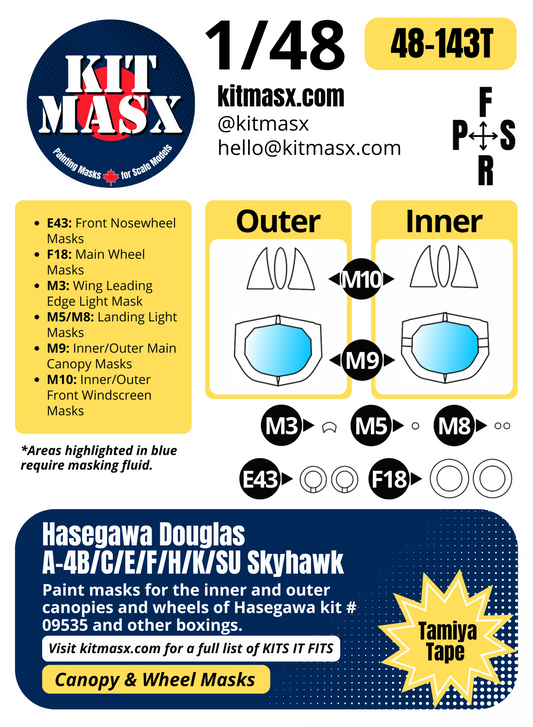 Hasegawa Douglas A-4B/C/E/F/H/K/SU Skyhawk 1/48 Canopy & Wheel Paint Masks, Kit # 09535