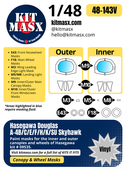 Hasegawa Douglas A-4B/C/E/F/H/K/SU Skyhawk 1/48 Canopy & Wheel Paint Masks, Kit # 09535