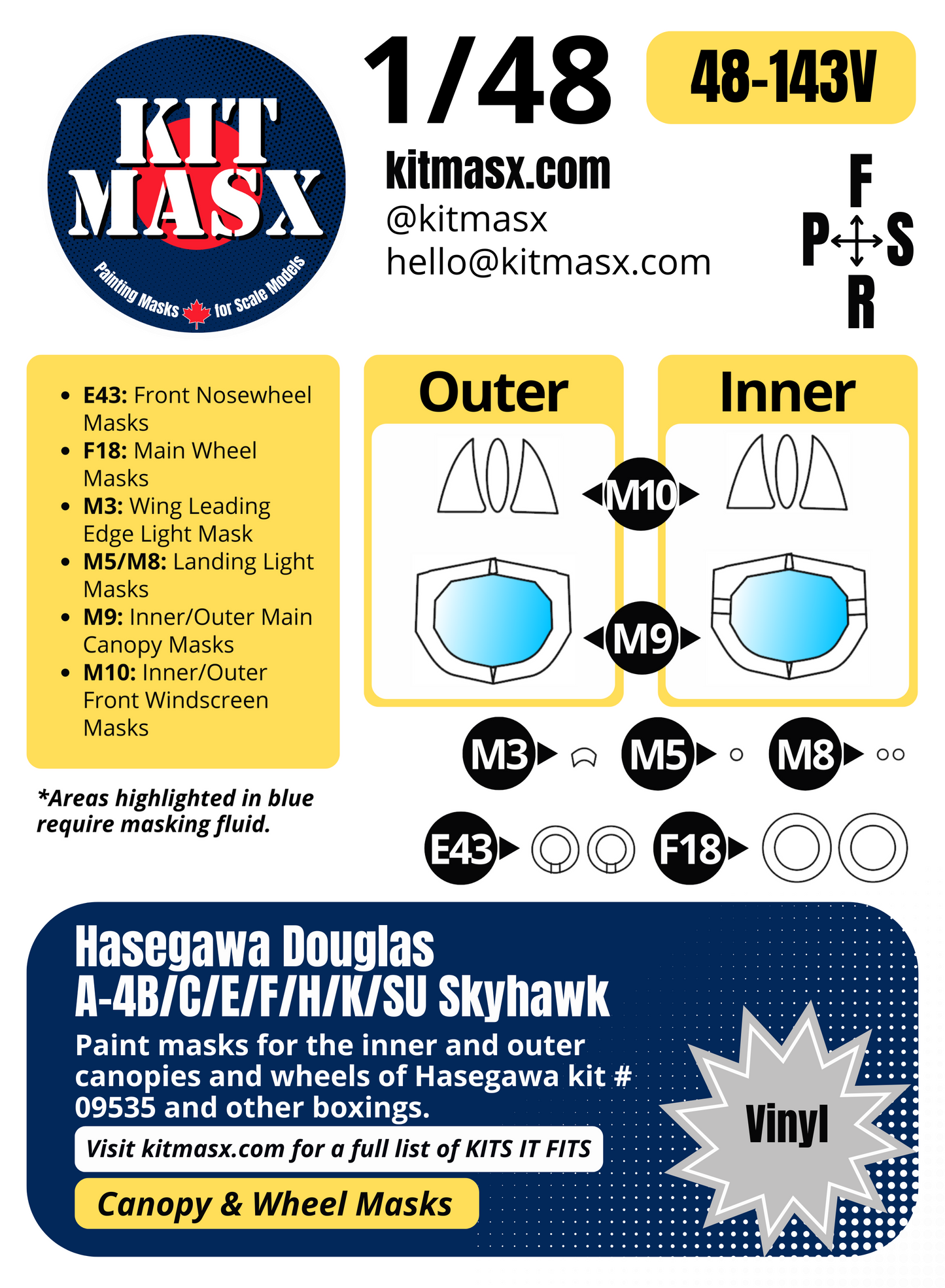 Hasegawa Douglas A-4B/C/E/F/H/K/SU Skyhawk 1/48 Canopy & Wheel Paint Masks, Kit # 09535
